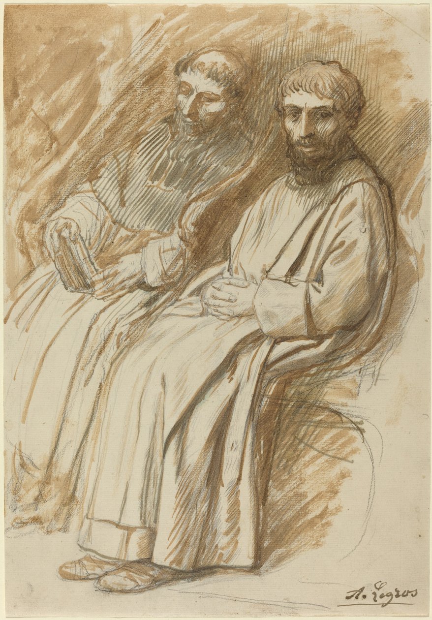 Kaksi munkkia istuvat kirkossa tekijältä Alphonse Legros