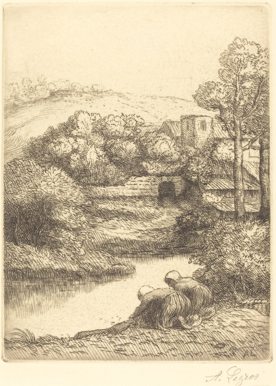 Pesutalo, nimeltään "The Washerwomen" tekijältä Alphonse Legros