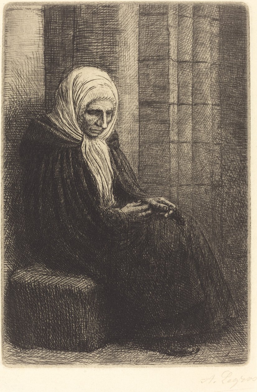 Nainen istuu seinää vasten, lapsi pää sylissään tekijältä Alphonse Legros