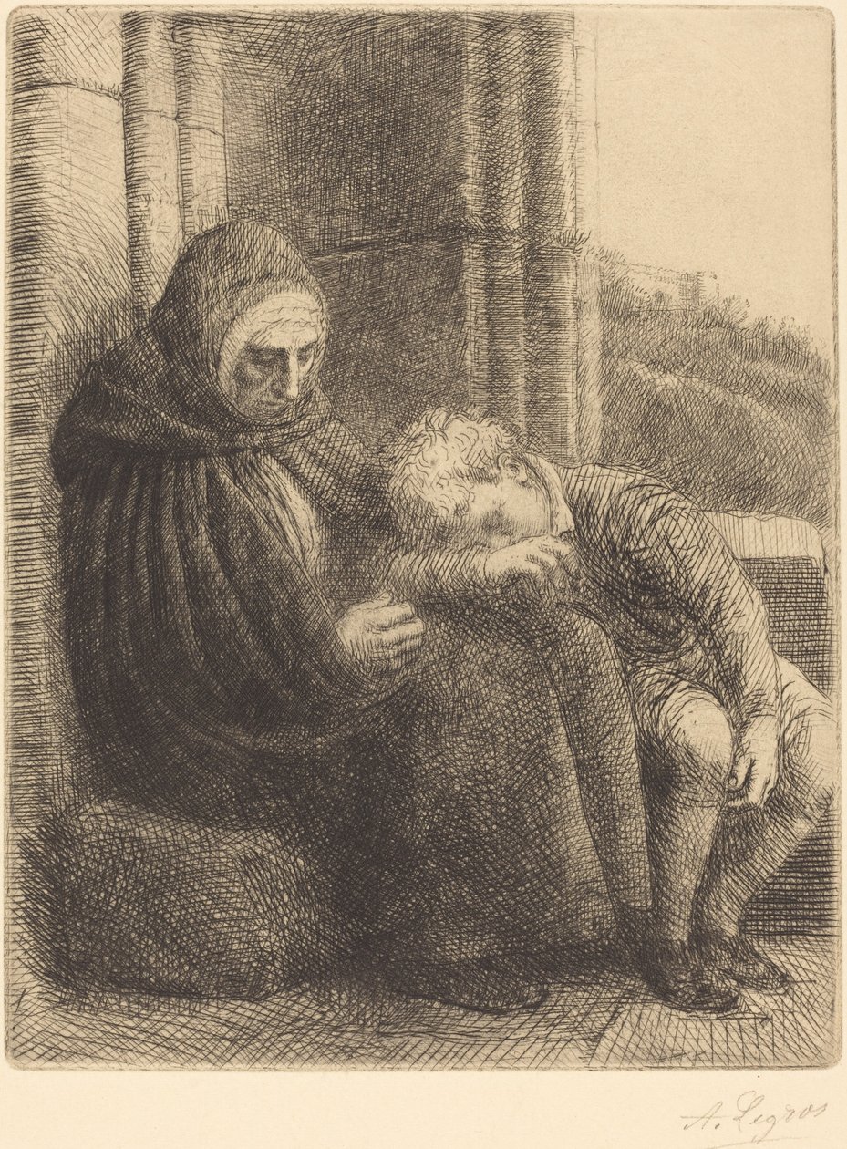 Nainen istuu seinää vasten, lapsi pää sylissään Femme assise, muraille.... tekijältä Alphonse Legros
