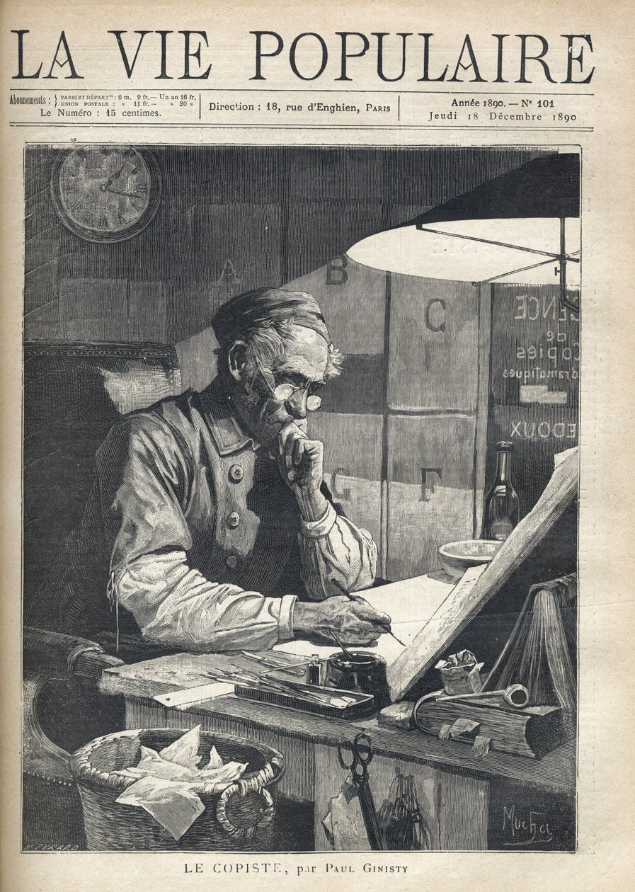 Keskitetty kopioija työskentelee toimistossaan. Kuvitus: Alfons Maria Mucha (Alphonse Marie Mucha tekijältä Alphonse Mucha