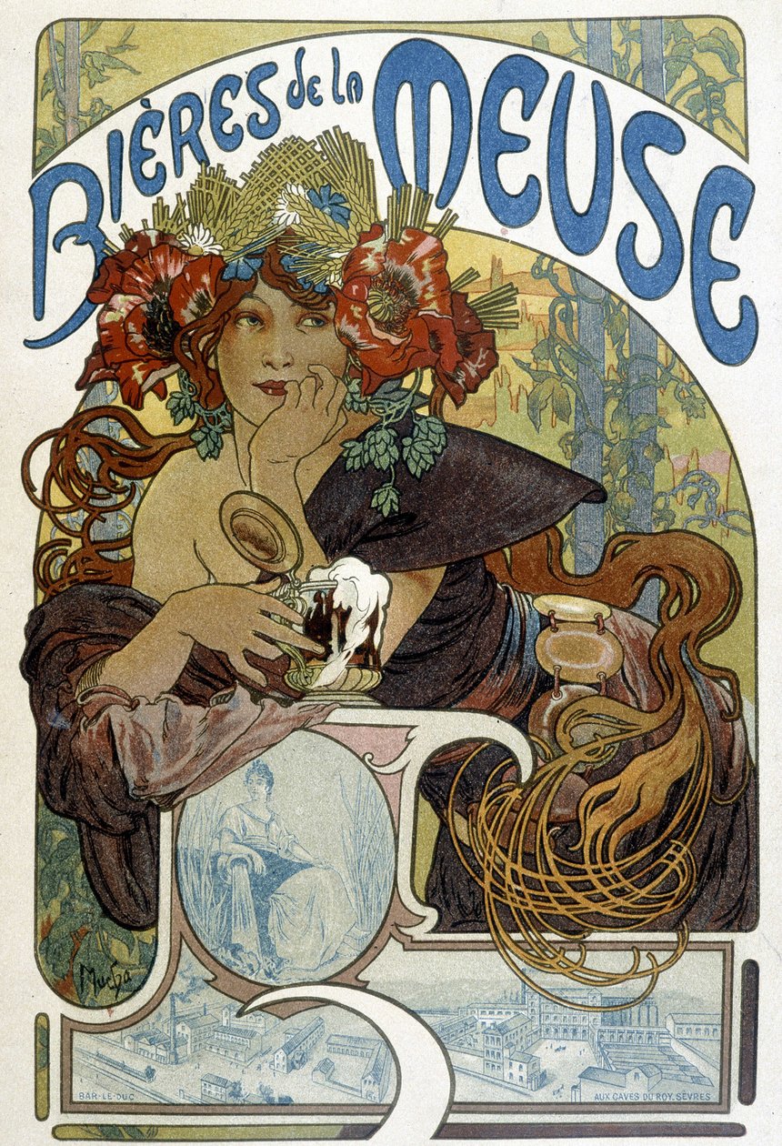Maas-oluen mainontaa. Kuva Muchasta (tšekkiläinen taidemaalari ja julistesuunnittelija tekijältä Alphonse Mucha