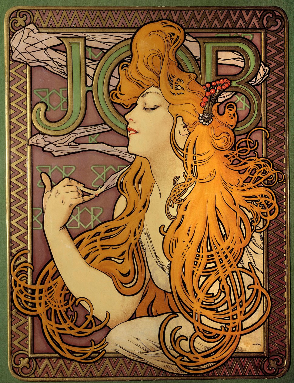 Mainospaperimerkille tupakka "" Job", litografia Alphonse Mucha (1860-1939), kuvittaja tchecoslovaque tekijältä Alphonse Mucha