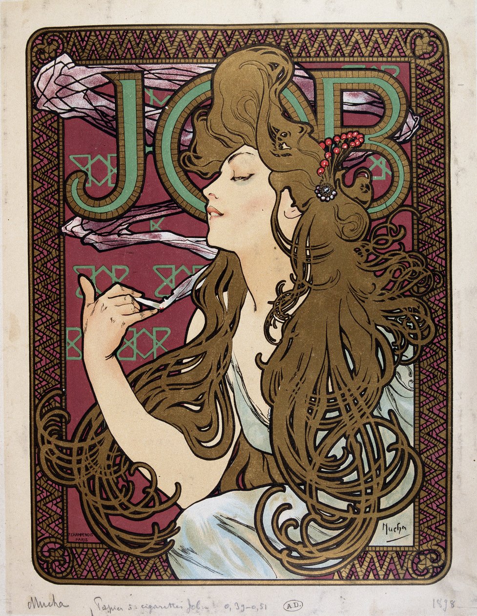 Muchan mainosjuliste "Job Cigarette Paper". tekijältä Alphonse Mucha
