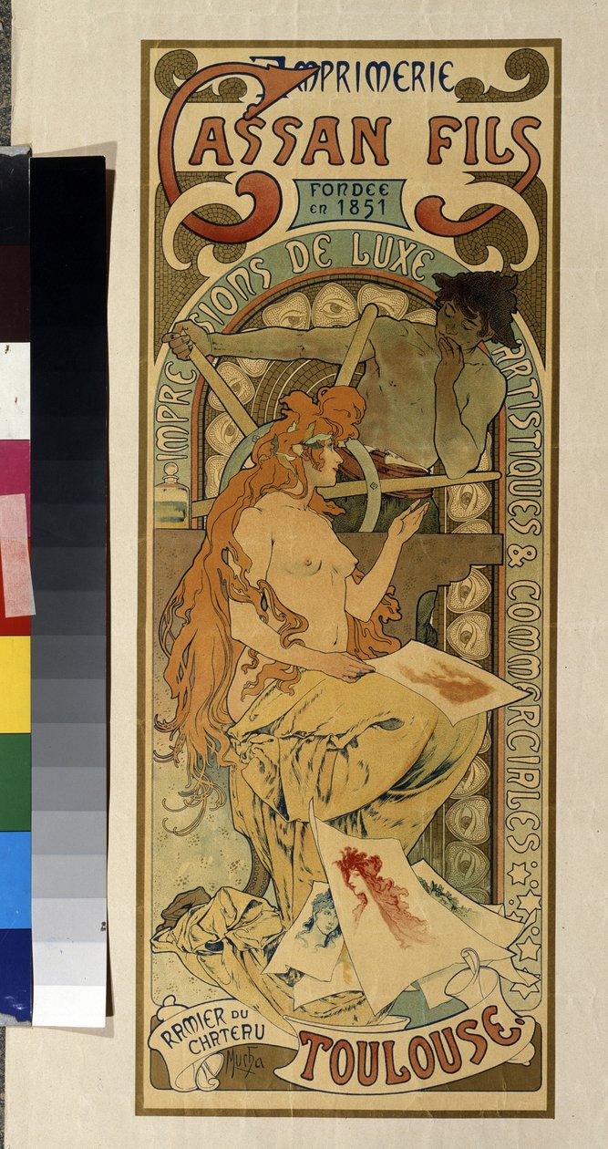 Mainosjuliste painotalolle "Cassan Fils, luksus-, taiteellinen ja kaupallinen painatus"" Toulousessa. Alfons Maria Muchan juliste (Alphonse Marie Mucha tekijältä Alphonse Marie Mucha