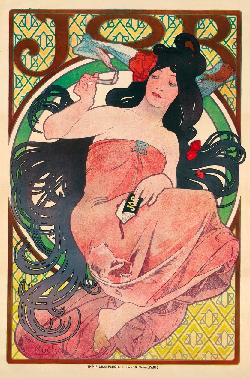 Affiche publicitaire pour le papier a cigarette Työ - Mainosjuliste pehmopaperille Työ - Piirustus Mucha, Alfons (Alphonse) Marie (1860-1939), värilitografia 1896 (51,5x39 cm) - Yksityiskokoelma tekijältä Alphonse Marie Mucha