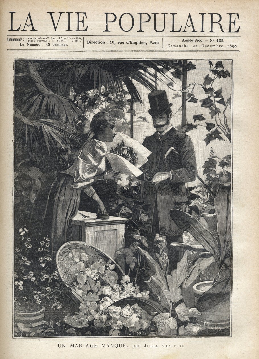 Tyylikäs mies ostaa kukkia kukkakaupasta. Kuvitus: Alfons Maria Mucha (Alphonse Marie Mucha tekijältä Alphonse Mucha