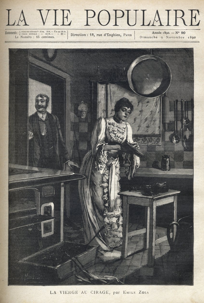 Tyylikäs nainen vahaa kengän talon keittiössä. Mies avaa oven hänen takanaan. Kuvitus: Alfons Maria Mucha (Alphonse Marie Mucha tekijältä Alphonse Mucha