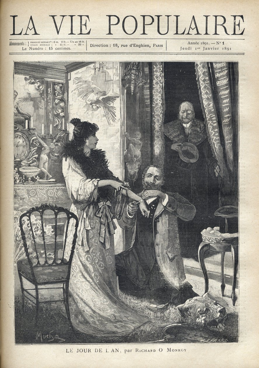 Vanha mies yllättää uljaan kohtauksen: elegantin naisen edessä polvistuva mies kiinnittää ranteeseensa rannekorun. Kuvitus: Alfons Maria Mucha (Alphonse Marie Mucha tekijältä Alphonse Mucha