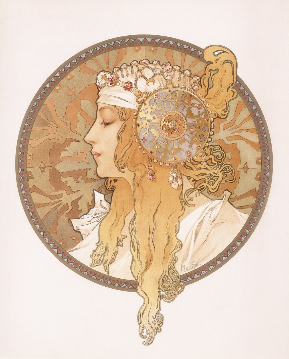 blondin neiton bysanttilainen pää; Tete byzantine d"une femme blonde, n.1897 tekijältä Alphonse Mucha