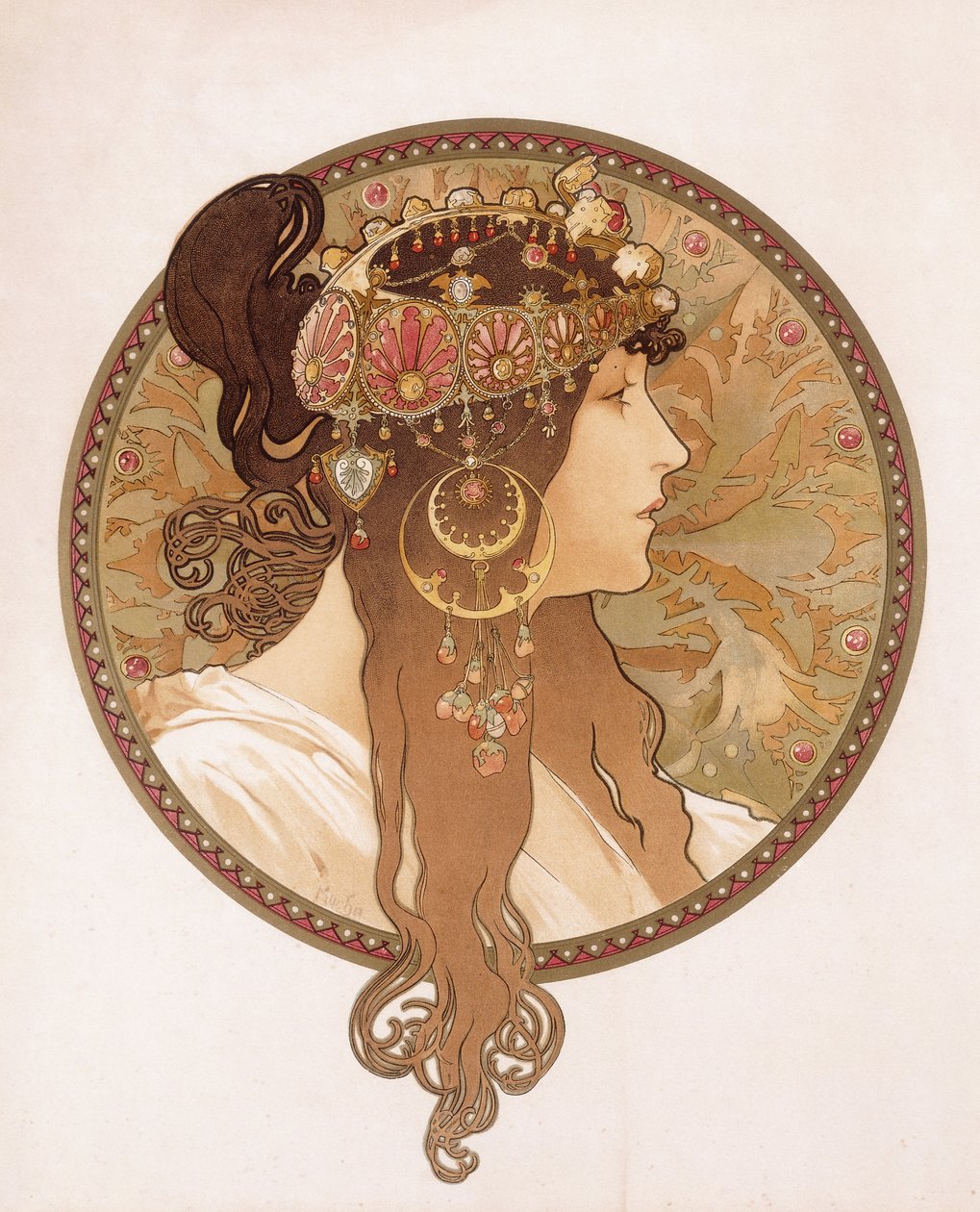 Brunetin bysanttilainen pää; Tete byzantine d"une brunette, n. 1897 tekijältä Alphonse Mucha