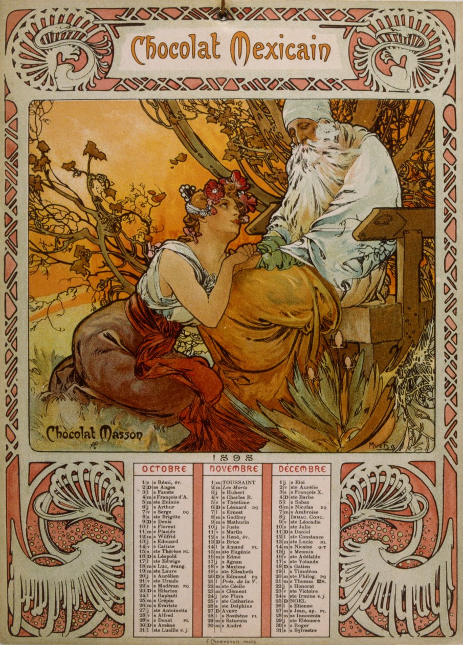 Muchan (1860 – 1939) kuvittama Chocolate Masson -kalenteri. tšekkiläinen jugendmaalari tekijältä Alphonse Mucha
