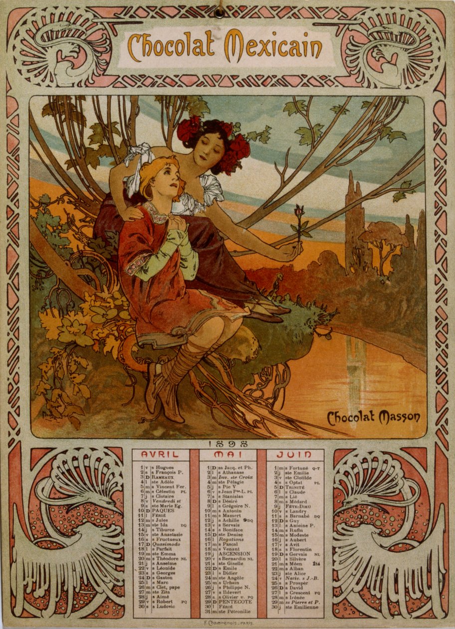 Muchan (1860 – 1939) kuvittama Chocolate Masson -kalenteri. tšekkiläinen jugendmaalari tekijältä Alphonse Mucha