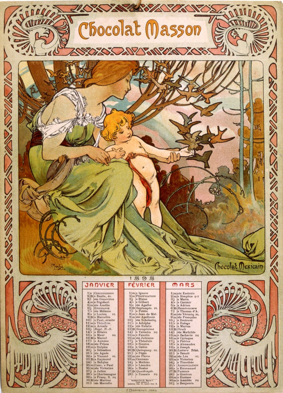 Muchan (1860 – 1939) kuvittama Chocolate Masson -kalenteri. tšekkiläinen jugendmaalari tekijältä Alphonse Mucha