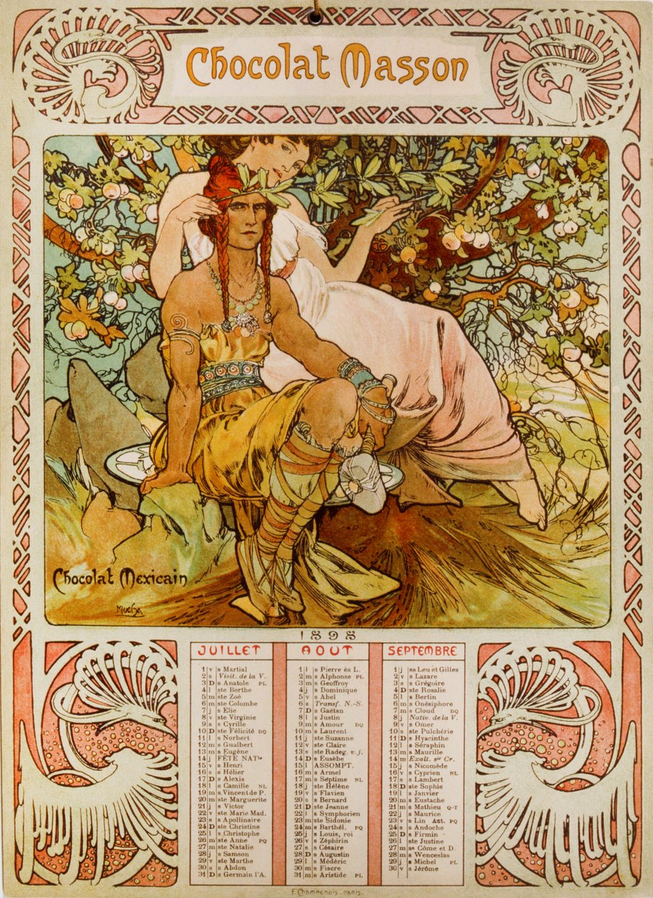 Muchan (1860 – 1939) kuvittama Chocolate Masson -kalenteri. tšekkiläinen jugendmaalari tekijältä Alphonse Mucha