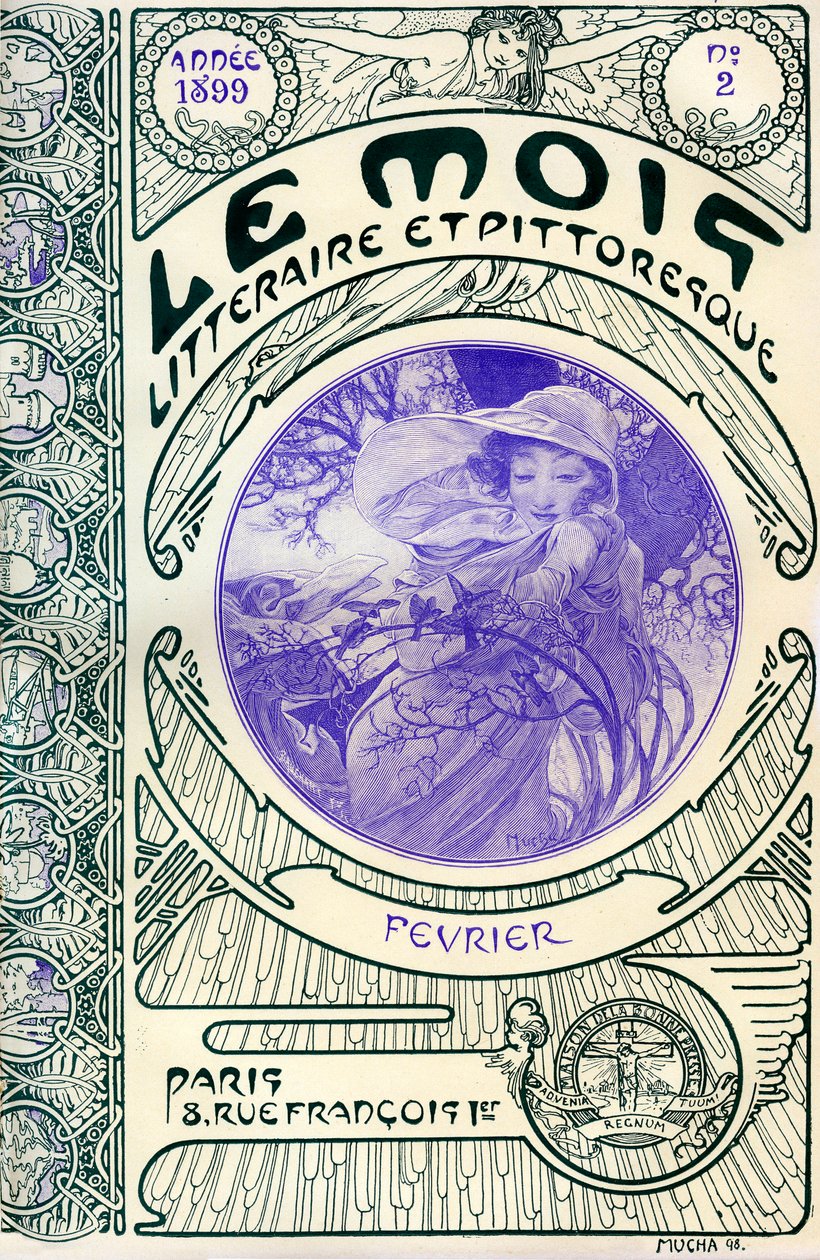 Lehden kansi (kuukausilehti) Le Month litteraire et viehättävä Alphonse Mucha (1860-1939): helmikuu 1899 - Maison de la Bonne Presse - tekijältä Alphonse Mucha