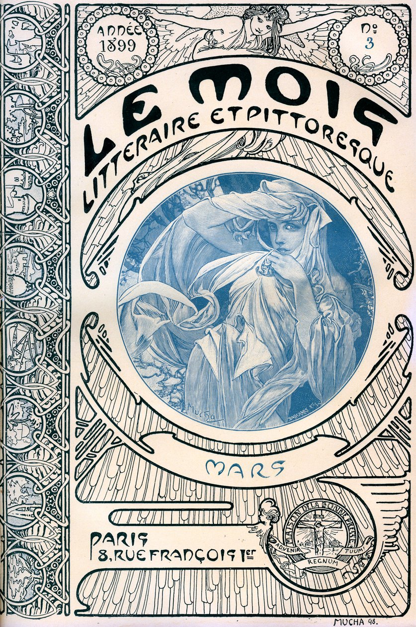 Lehden kansi (kuukausilehti) The Literary and Picturesque Month, kirjoittanut Alphonse Mucha (1860-1939): maaliskuu 1899 - Maison de la Bonne Presse - tekijältä Alphonse Mucha