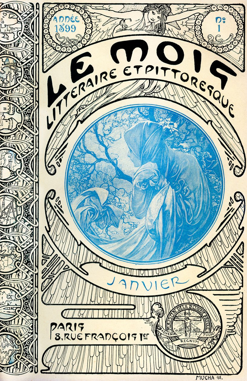 Lehden kansi (kuukausilehti) The Literary and Picturesque Month, kirjoittanut Alphonse Mucha (1860-1939): tammikuu 1899 - Maison de la Bonne Presse - tekijältä Alphonse Mucha