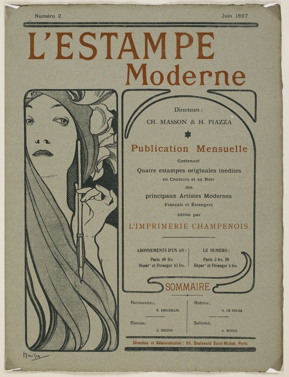 Kansilehti: Kansilehti L’Estampe modernesta, kesäkuu 1897 (värilitho) tekijältä Alphonse Mucha