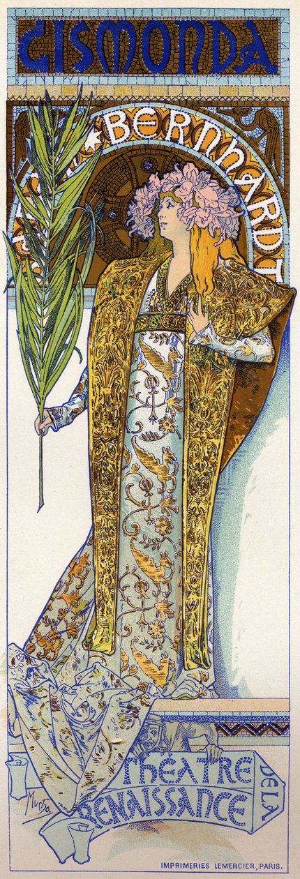 Viihde. Gismonda, Victorien Sardoun näytelmä Sarah Bernhardtin kanssa Theater de la Renaissancessa, Pariisissa. Juliste: Mucha, Ranska tekijältä Alphonse Marie Mucha