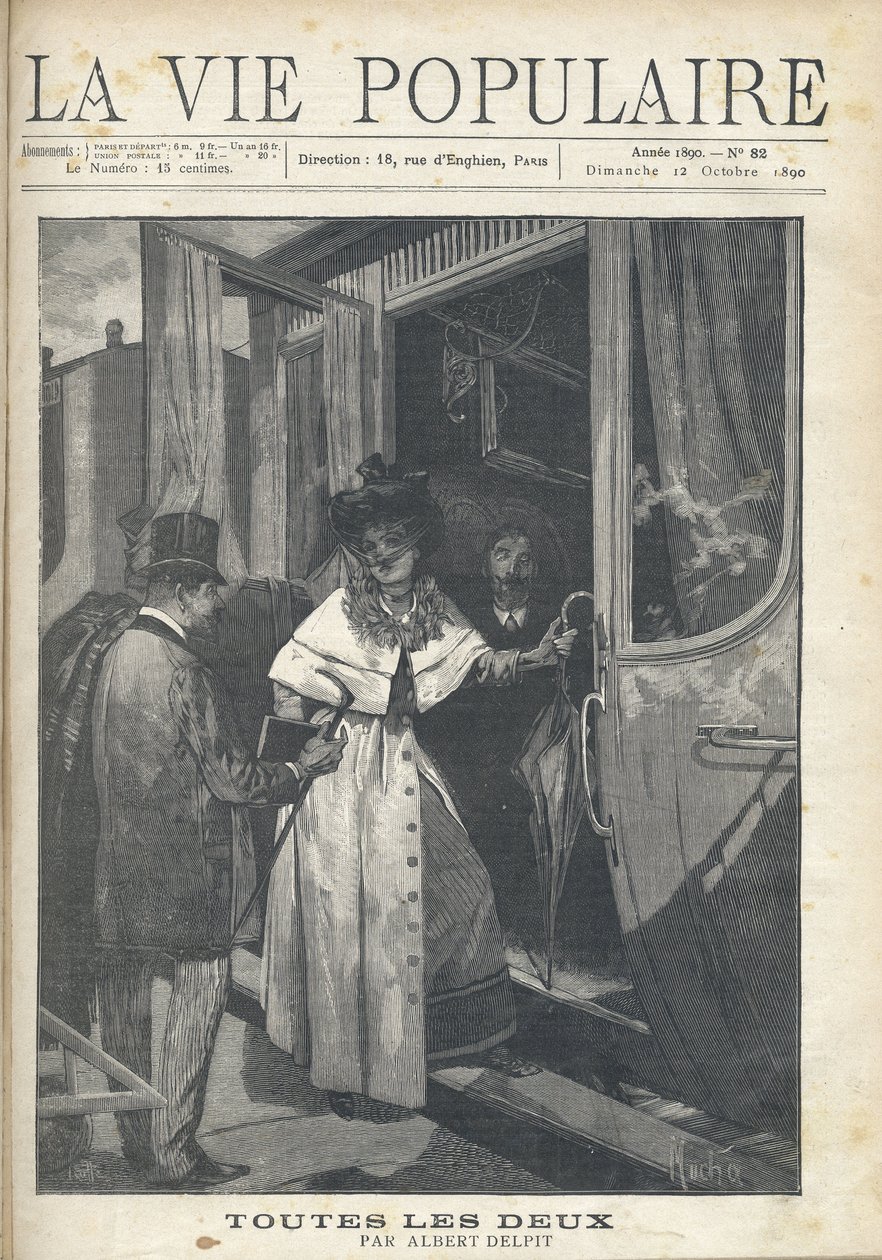 Jäähyväiset junaan nousevan miehen ja naisen välillä aseman laiturilla. Kuvitus: Alfons Maria Mucha (Alphonse Marie Mucha tekijältä Alphonse Mucha
