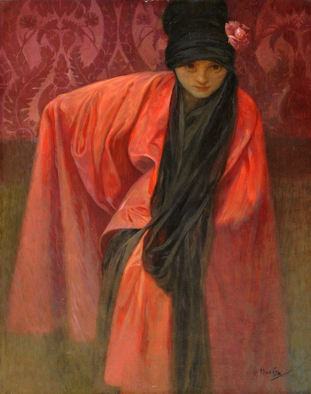 Girl in Red par Mucha, Alfons Marie (1860-1939), n. 1914 - Tempera kankaalle, 60,5x47 - Yksityiskokoelma tekijältä Alphonse Mucha