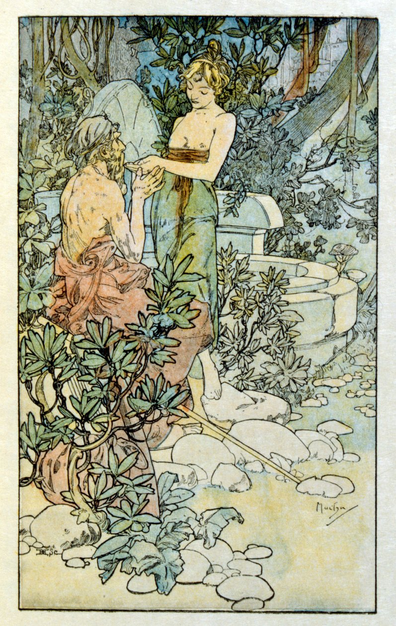 Alphonse Muchan kuvitus ranskalaisen kirjailijan Anatole Francen teoksesta "Clio". 1900. Mucha (1860 – 1939). oli tšekkiläinen jugendmaalari tekijältä Alphonse Mucha