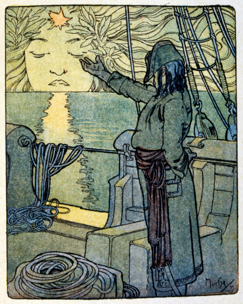 Alphonse Muchan kuvitus kirjalle "Clio" (1900). ranskalaiselta kirjailijalta. Anatole France. Anatole France (1844-1924). oli ranskalainen runoilija. toimittaja. ja kirjailija. tekijältä Alphonse Mucha