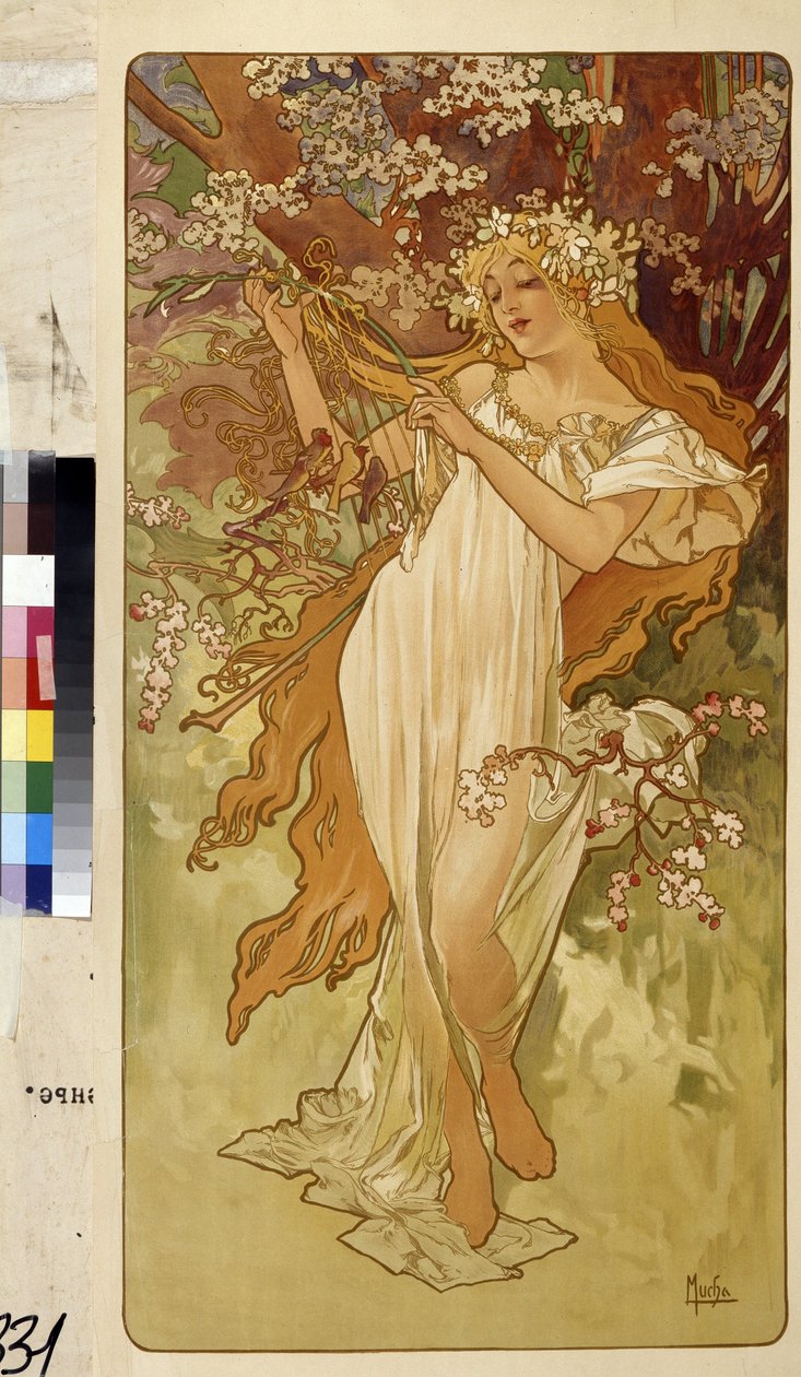 Kevät (allegoriasarja neljästä vuodenajasta). Taideteos: Alfons Maria Mucha (Alphonse Marie Mucha tekijältä Alphonse Marie Mucha