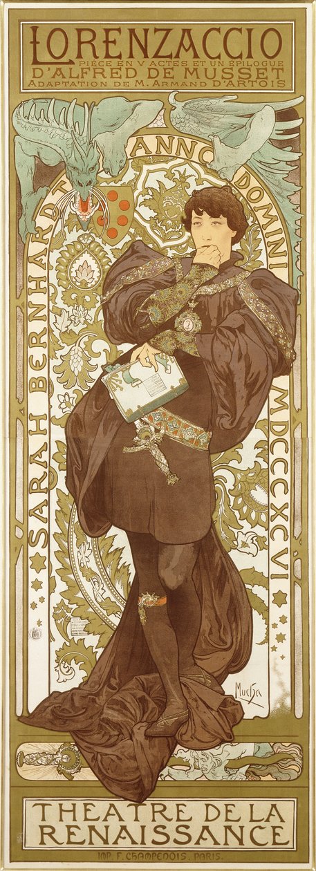 Lorenzaccio, joka kuvaa Sarah Bernhardtin seisova hahmoa roolissa, 1896 tekijältä Alphonse Mucha