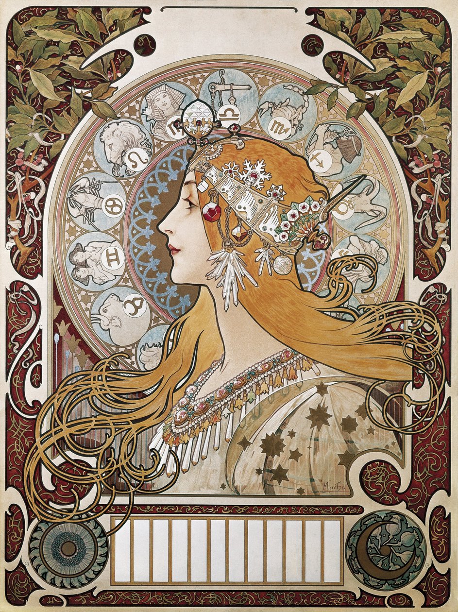 MUCHA, Alphonse Maria (1860-1939). Zodiac. 1896. (67 x 48 cm). La Plume -lehteä mainostava juliste ja kalenteri” (The Feather). Modernismi. Litografia tekijältä Alphonse Marie Mucha