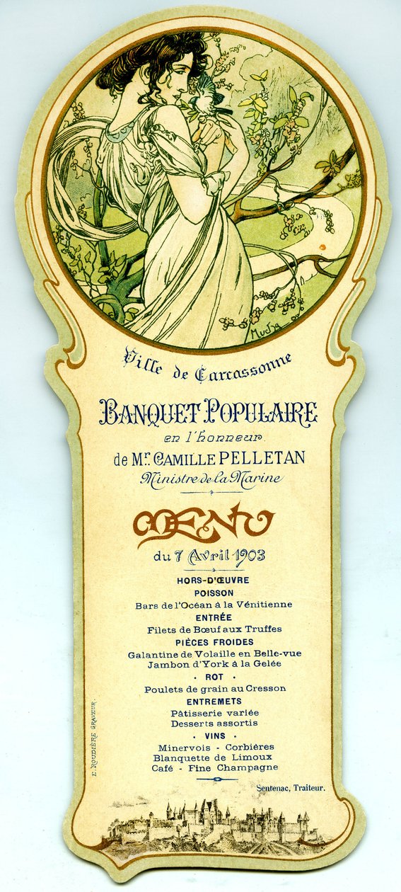 Ruokalista suositusta juhlatilaisuudesta, joka järjestetään Carcassonnessa 7. huhtikuuta tekijältä Alphonse Mucha