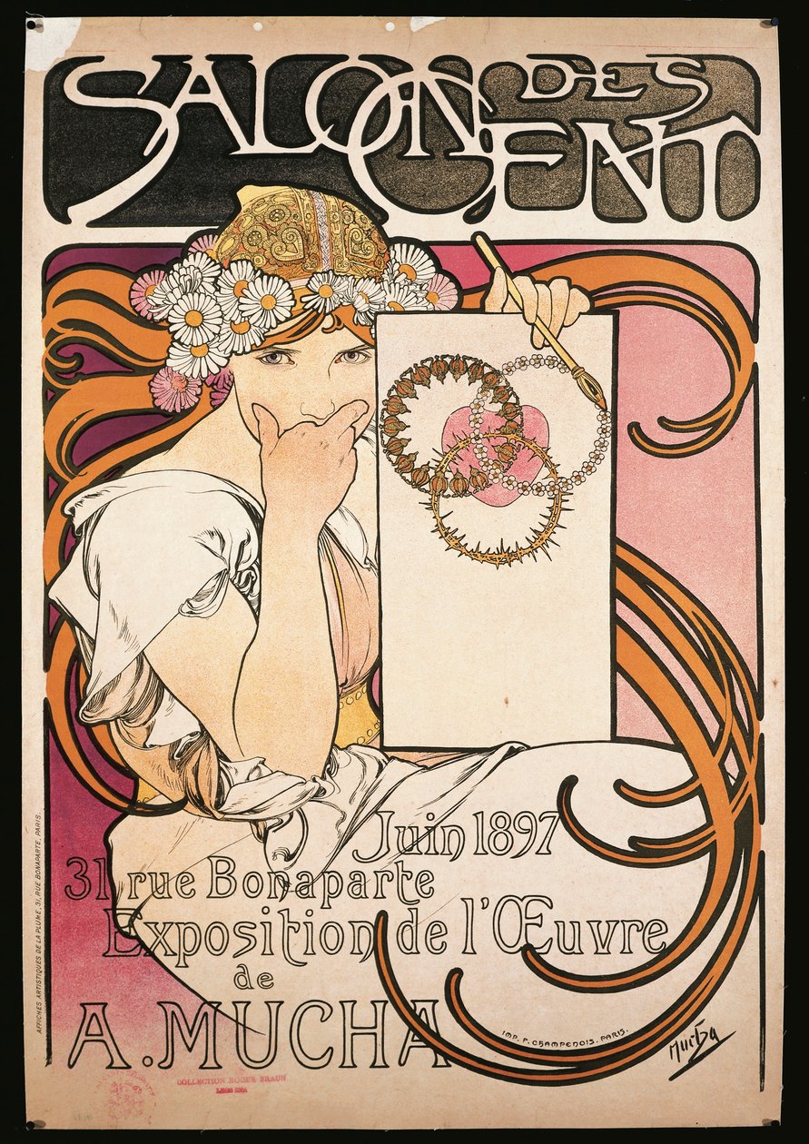 Juliste mainostaa A. Muchan näyttelyä Salon des Centissä tekijältä Alphonse Marie Mucha