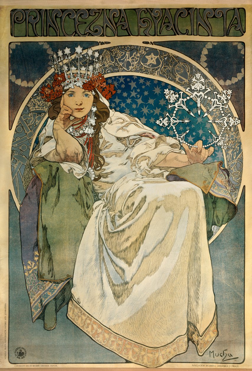 Alphonse Muchan (1860-1939) juliste Oskar Nedbalin (1874-1930) baletin "Prinsessa Hyacinthe" luomisesta Prahan kansallisteatterissa ja edustaa näyttelijä Andula Sedlackovaa tekijältä Alphonse Mucha