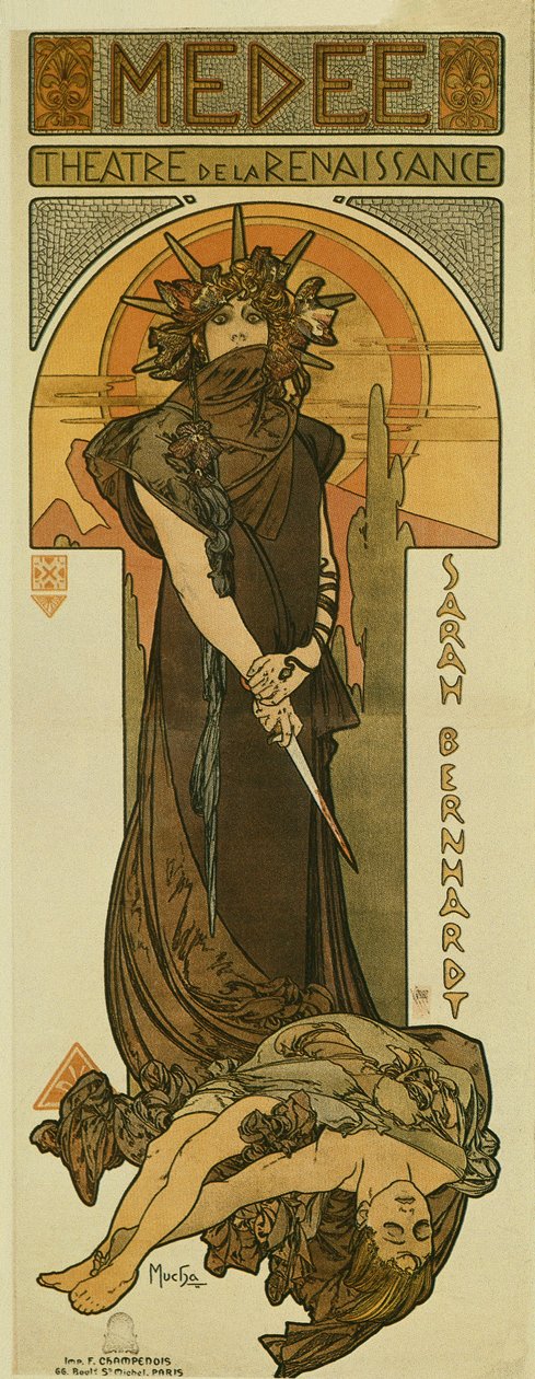 Sarah Bernhardt Medeena Renaissance-teatterissa. 1898 (litografia) tekijältä Alphonse Mucha