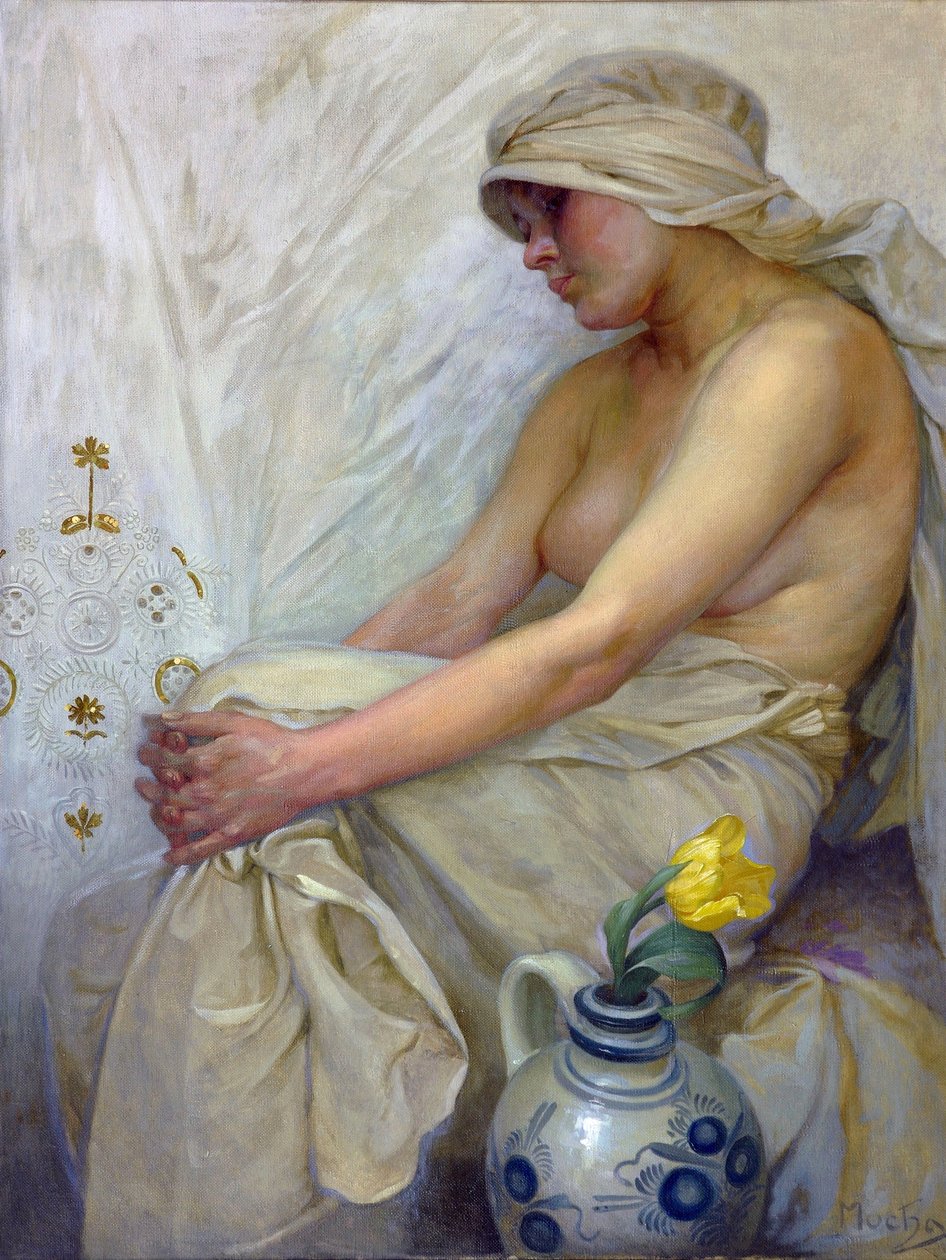 Istuva tyttö par Mucha, Alfons Marie (1860-1939), n. 1914 - Tempera kankaalle, 80x60 - Yksityiskokoelma tekijältä Alphonse Mucha