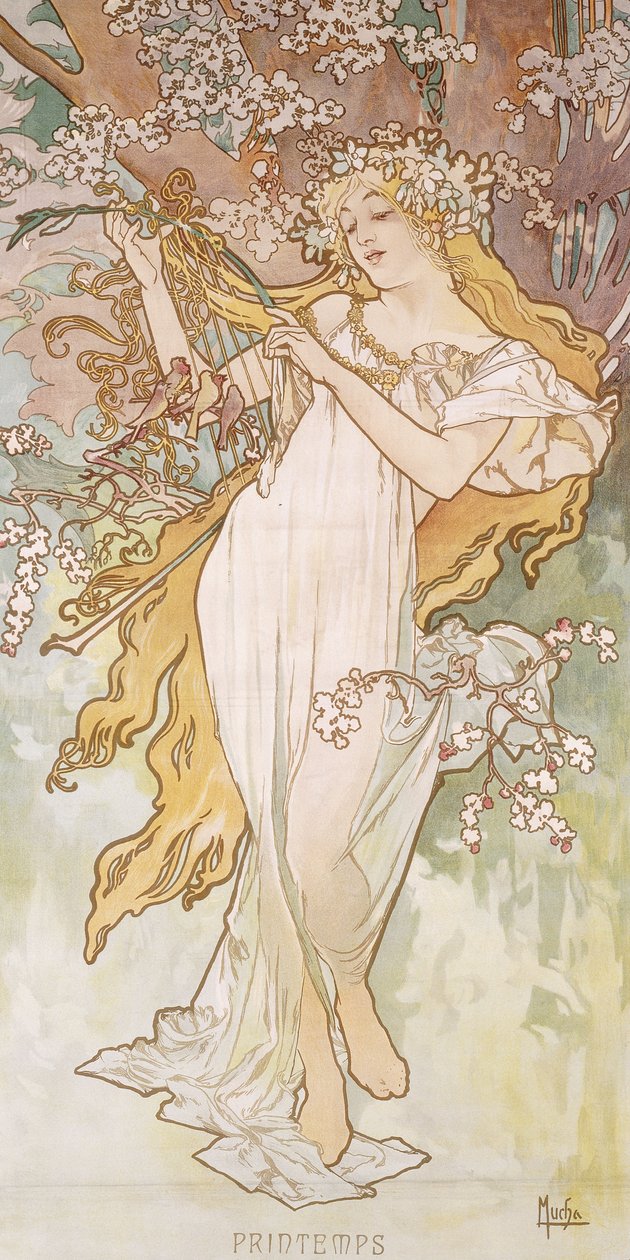 Kevät; Printemps, n. 1896 tekijältä Alphonse Mucha