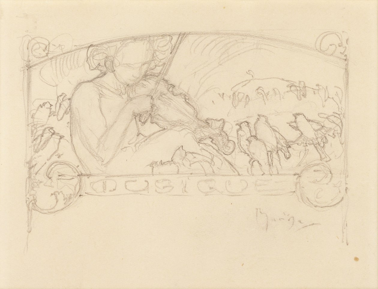Tutkimus naisesta, joka soittaa viulua, tekijältä Alphonse Mucha