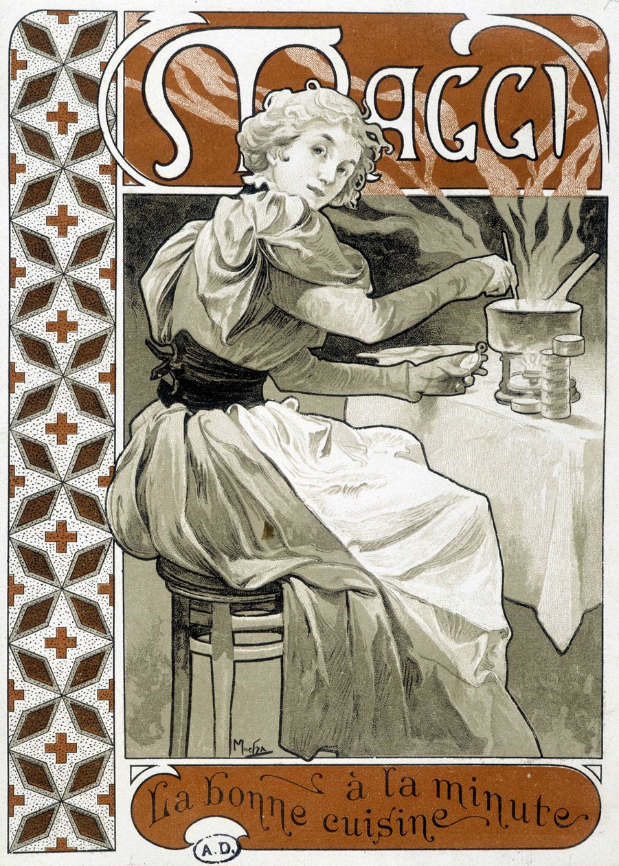 Nuori nainen kokkaamassa kaasuliesillä - mainos Maggi "" hyvää ruokaa minuutilla"", kirjoittanut Mucha, noin 1890. tekijältä Alphonse Mucha
