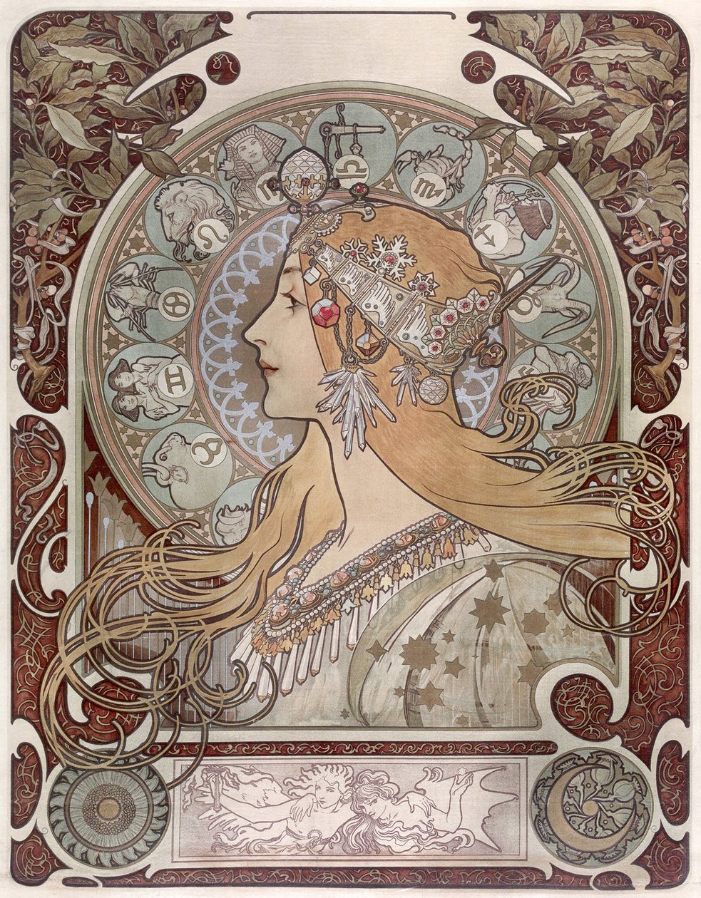 Zodiac - Alfons Marie Mucha (1860-1939). Värillinen litografia tekijältä Alphonse Mucha