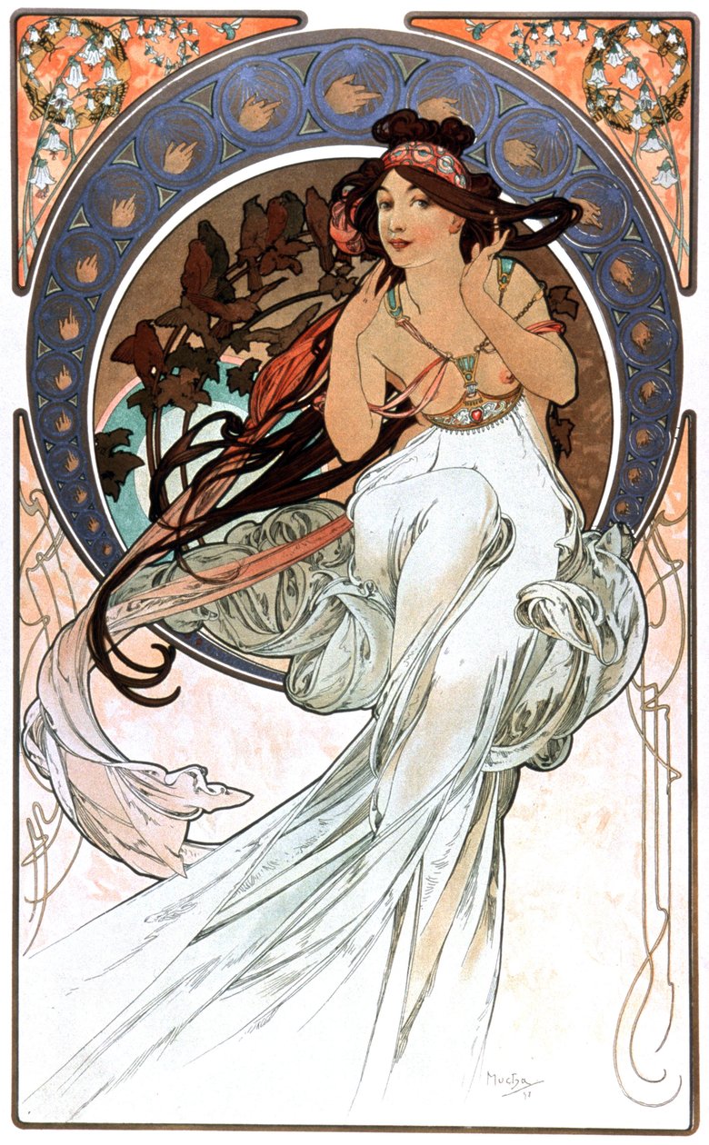 Musiikin allegooria, painos 1898 tekijältä Alphonse Marie Mucha