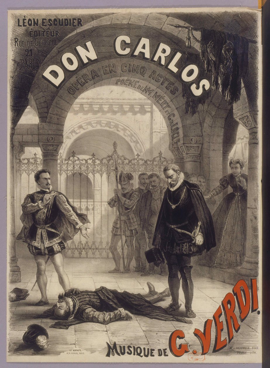 Giuseppe Verdin juliste Don Carlos -oopperaan, 1867. tekijältä Alphonse Marie Neuville de