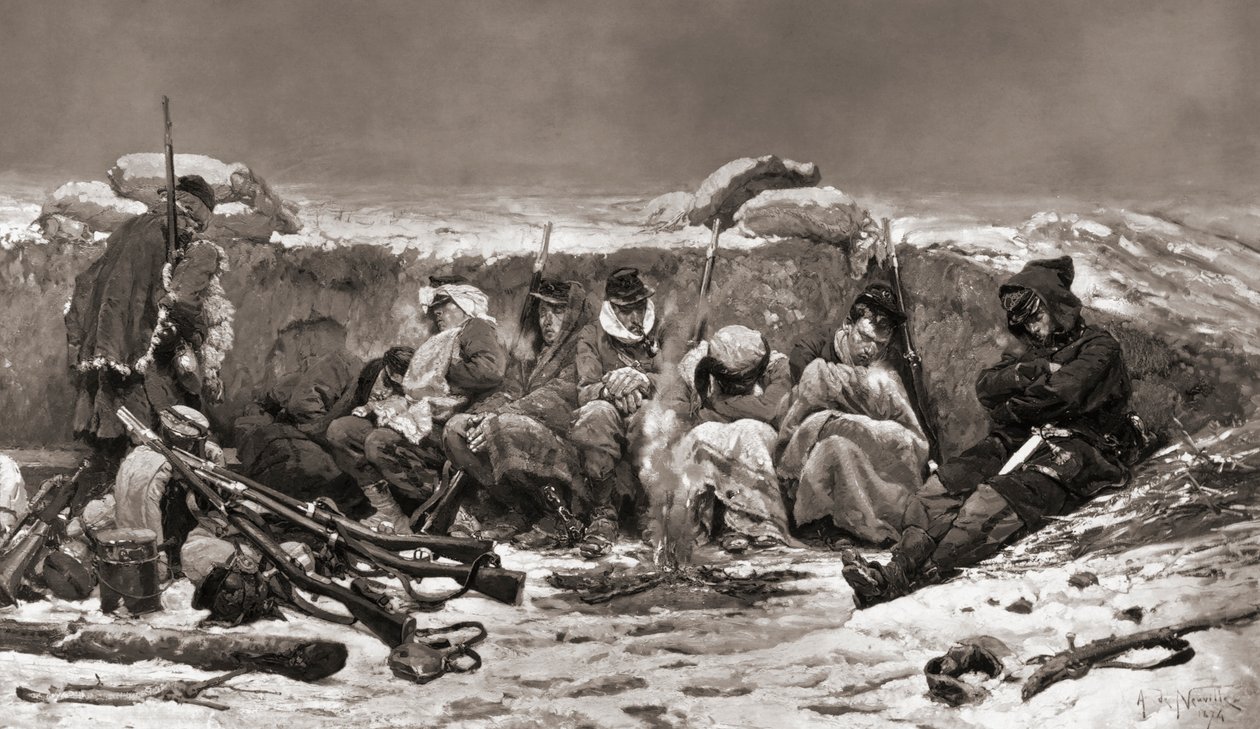 Ranskalaiset sotilaat haudassa. Pariisin piiritys. Ranskan ja Preussin sota tekijältä Alphonse Marie de (after) Neuville