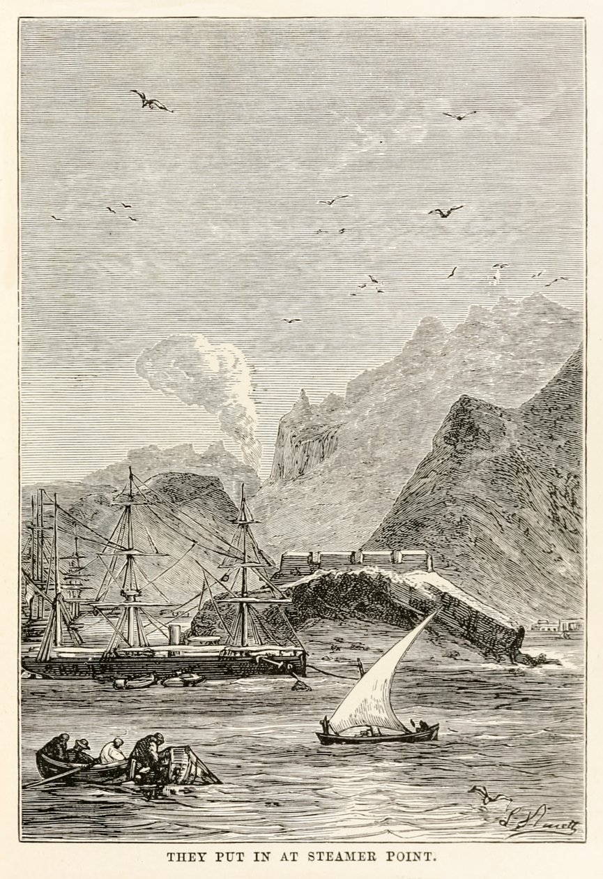 Ne laitettiin Steamer Pointiin Jules Vernen (1828-1905) teoksesta Around the World in Eighty Days, kaivertanut Louis Dumont (s.1822) tekijältä Alphonse Marie de (after) Neuville