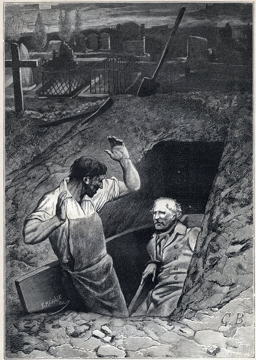 Ylösnousemus on melkein yhtä pelottava kuin kuolema: Fauchelevent ja Jean Valjean - Alphonse de Neuvillen (1836-1885) kuvitus elokuvalle "Les miserables - Toinen osa: Cosette", Victor Hugo (1802-1885) 1862 tekijältä Alphonse Marie de Neuville