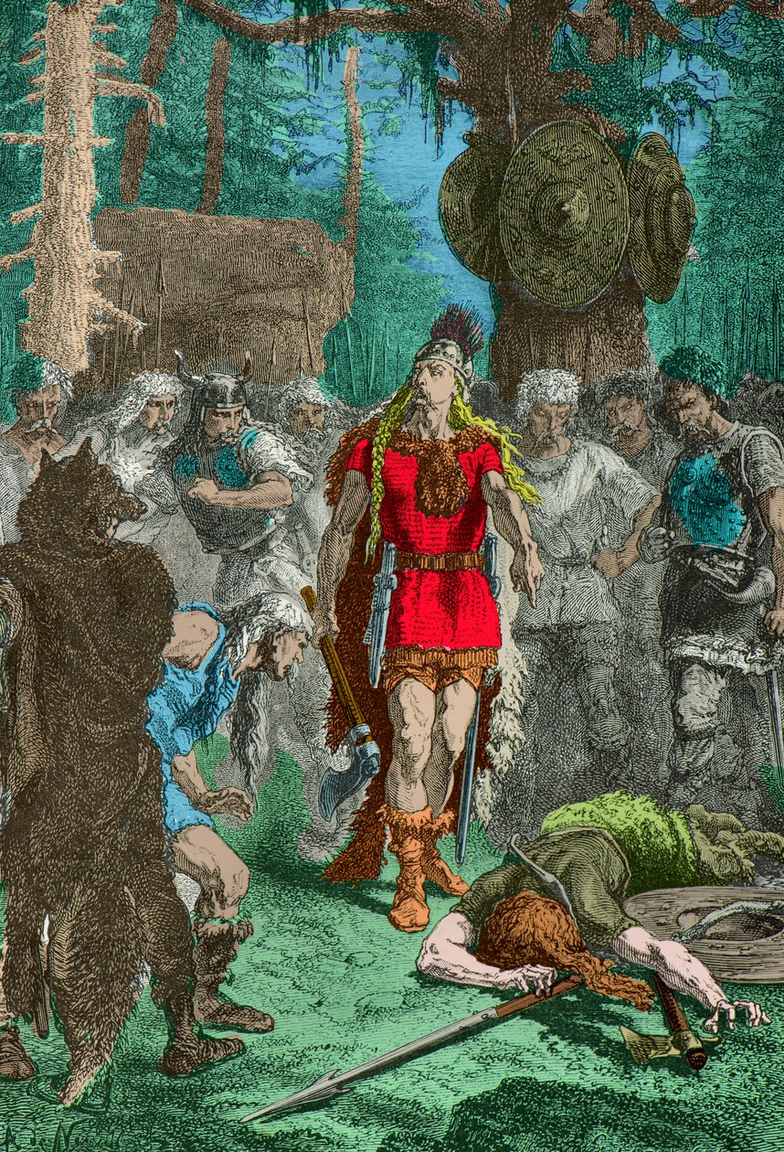 Klovis soturin edessä, jonka hän on juuri tappanut Soissonsin maljakon loukkauksen jälkeen (kaiverrus). tekijältä Alphonse Marie de Neuville
