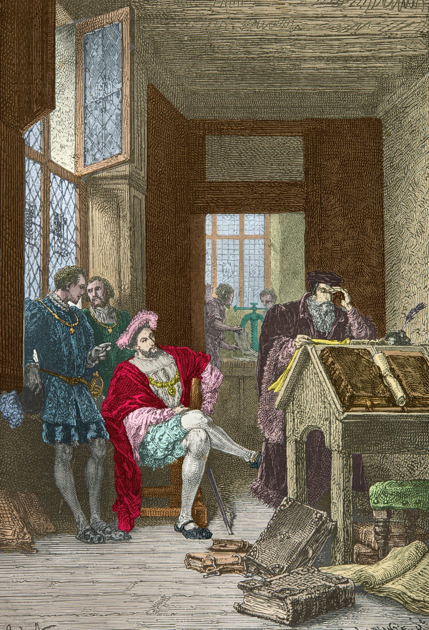 Francois 1er vierailee Robert Estiennen kirjapainossa (Kaiverrus) (Kaiverrus) tekijältä Alphonse Marie de Neuville