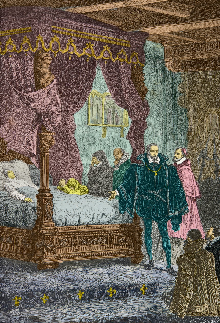 Gaspard de Coligny François 2:n kuolinvuoteen edessä vuonna 1560 (kaiverrus). tekijältä Alphonse Marie de Neuville