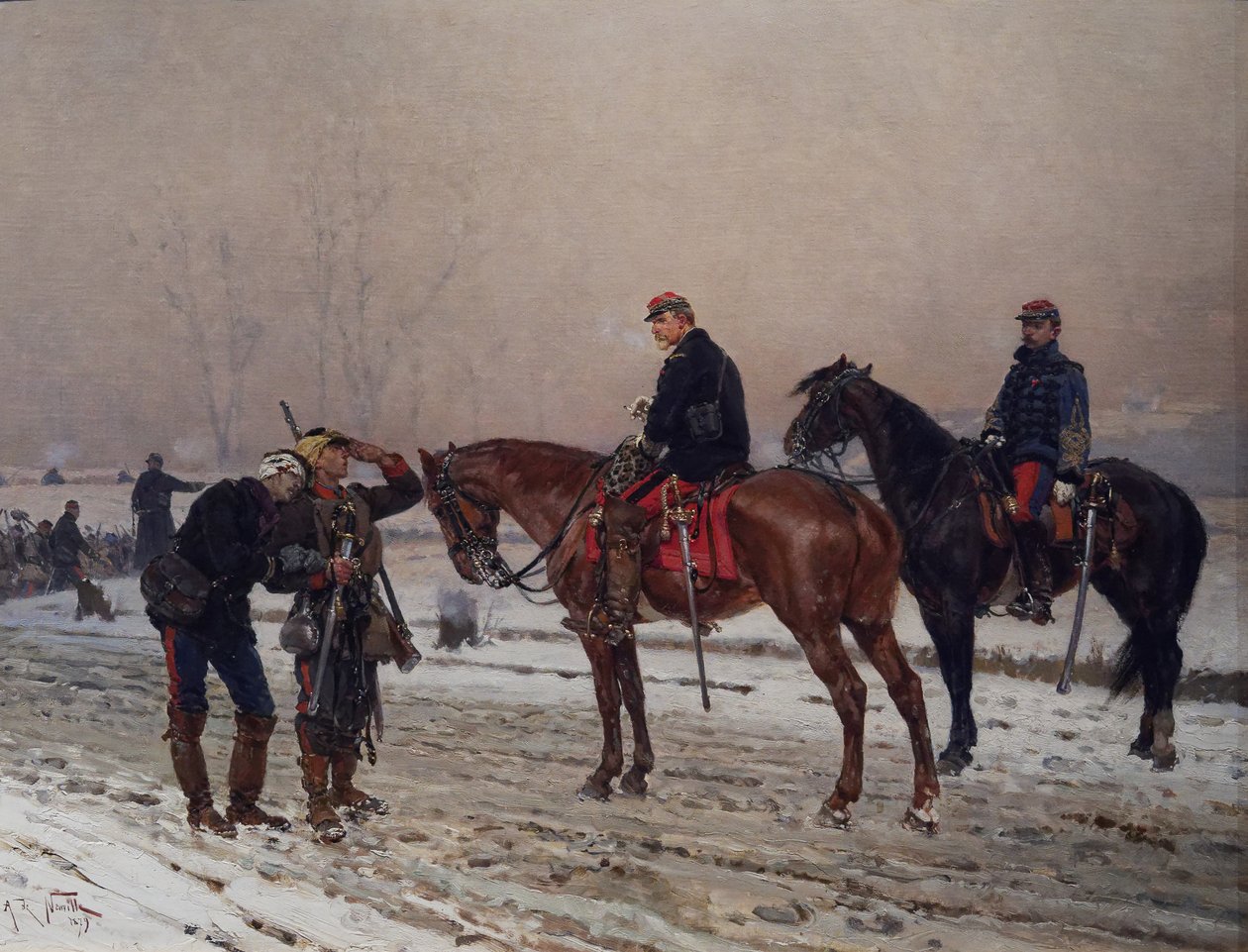 Kenraali kuulustelemassa loukkaantunutta upseeria tukevaa liikkuvaa vartijaa, joulukuu 1870 tekijältä Alphonse Marie de Neuville