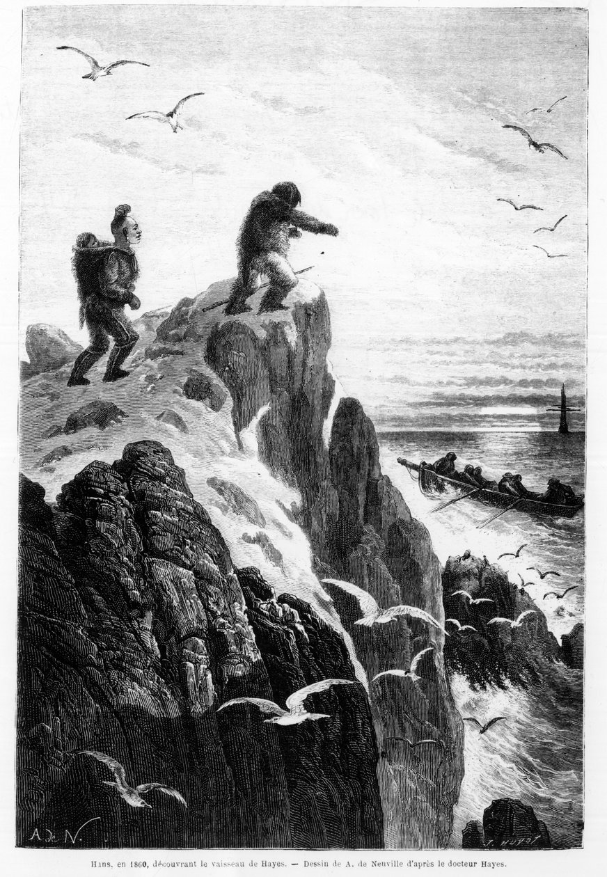 Hans vuonna 1860 löytämässä Hayesin laivan - piirustuksen Neuvillestä tohtori Hayesin teoksessa "Navan vapaa meri, löytömatka arktisilla merillä tekijältä Alphonse Marie de Neuville